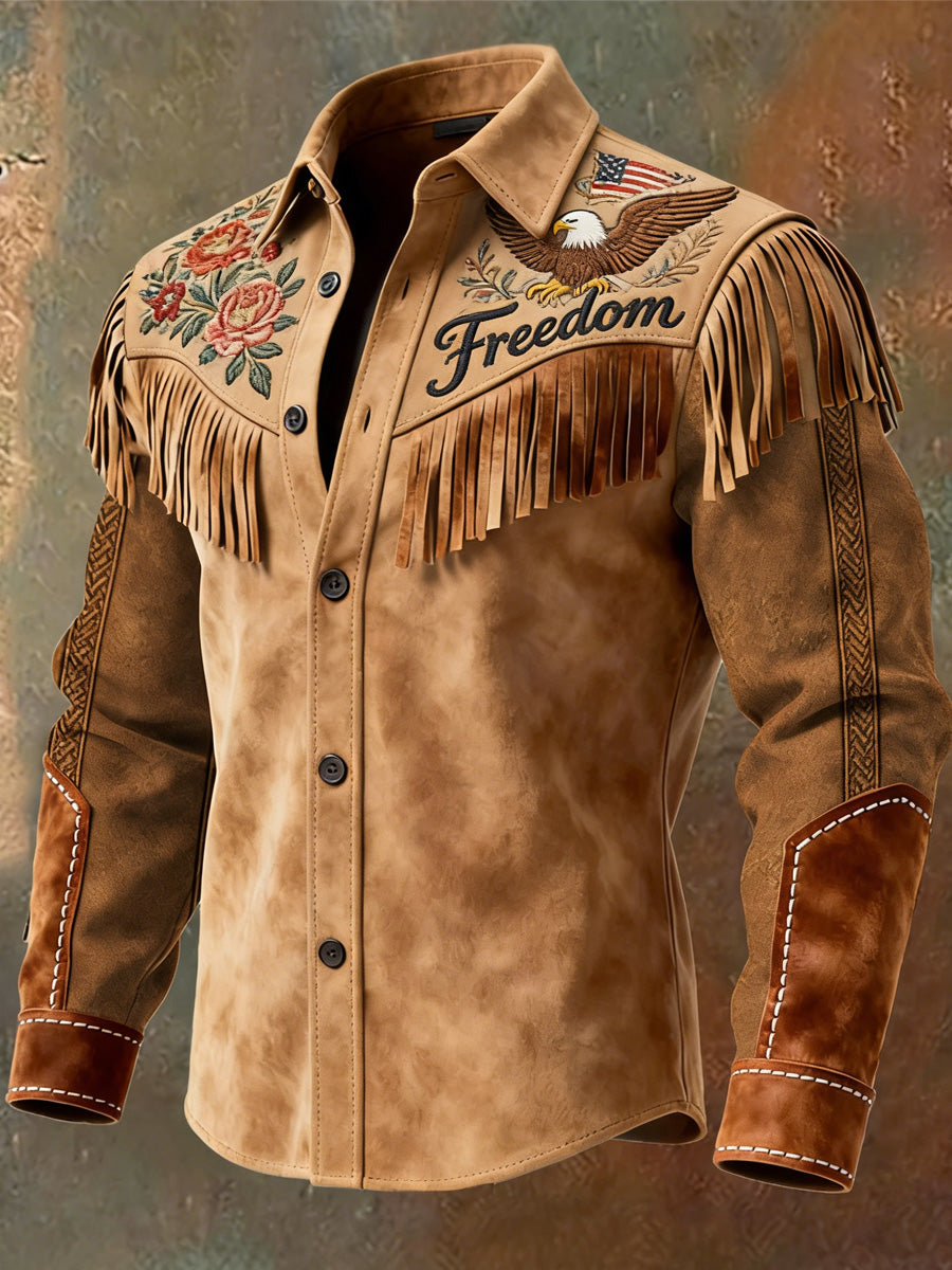 Men's Retro Freedom American Eagle Print Vintage Tassel Casual Long Sleeve Shirt